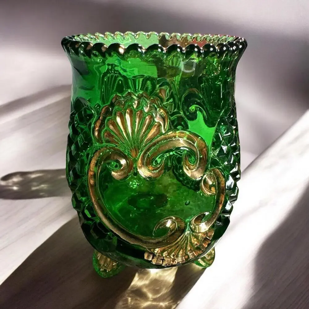 Antique 1897 EAPG Riverside Glass Croesus Pattern Emerald Green & Gold Spooner